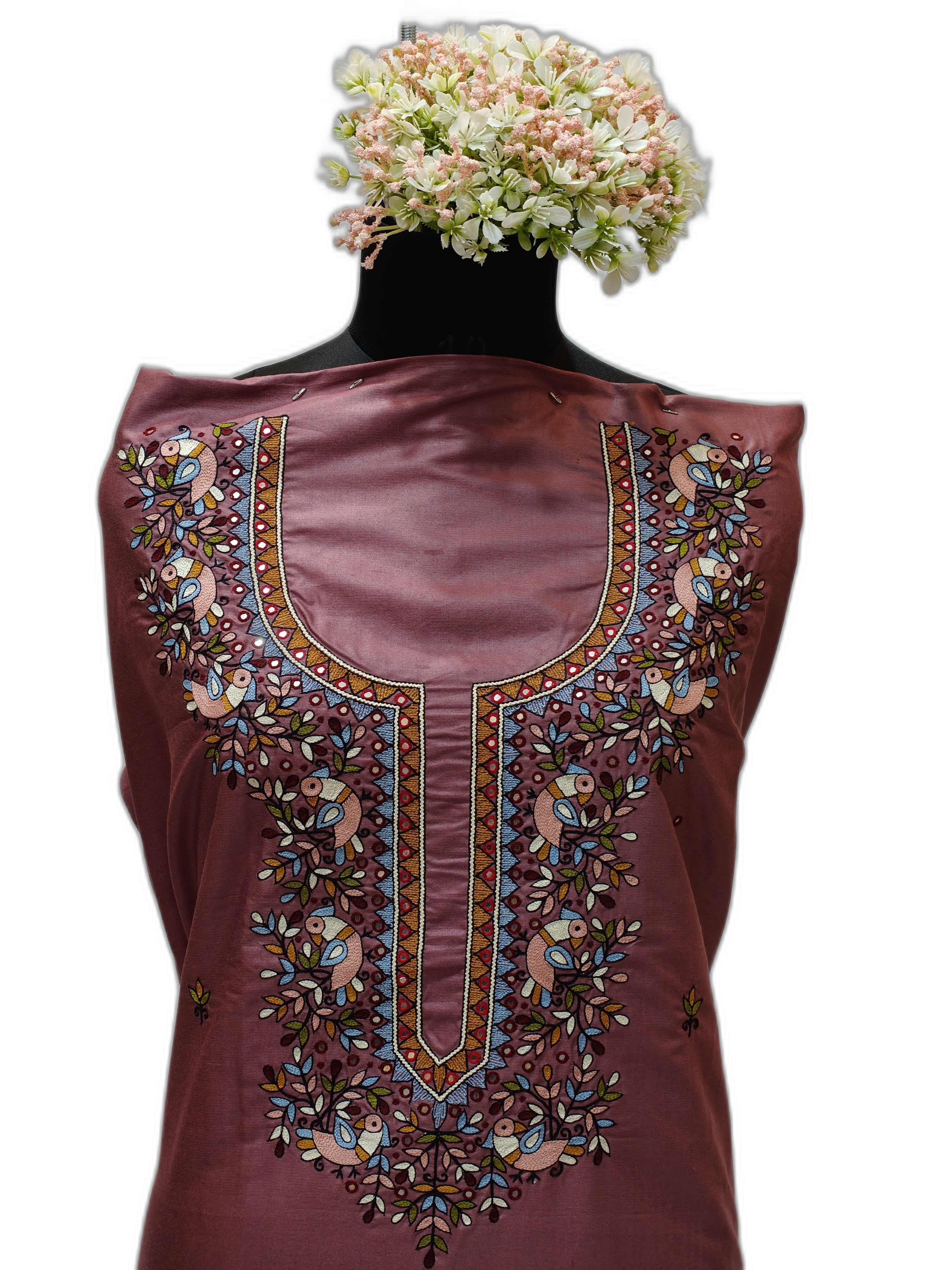 Hand-Embroidery (AARI WORK) Unstitched Kurti – Rose Dust Cotton Silk